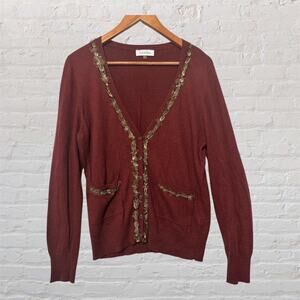 Calvin‎ Klein Womens Cardigan Brown Fringe Trim Button Up Sweater Size Large